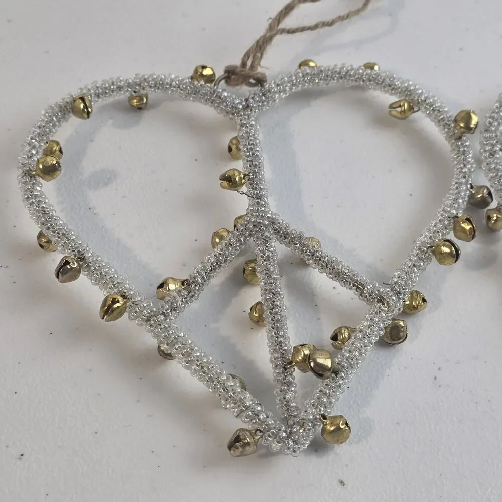 Pottery Barn Jingle Bell Heart Peace Sign Christmas Ornament Set Of 2 EUC Xmas